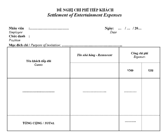 Mẫu đề nghị chi phí tiếp khách (Settlement of Entertainment Expenses )- SONG NGỮ