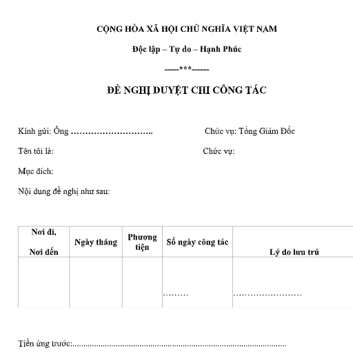 Mẫu đề nghị duyệt chi công tác