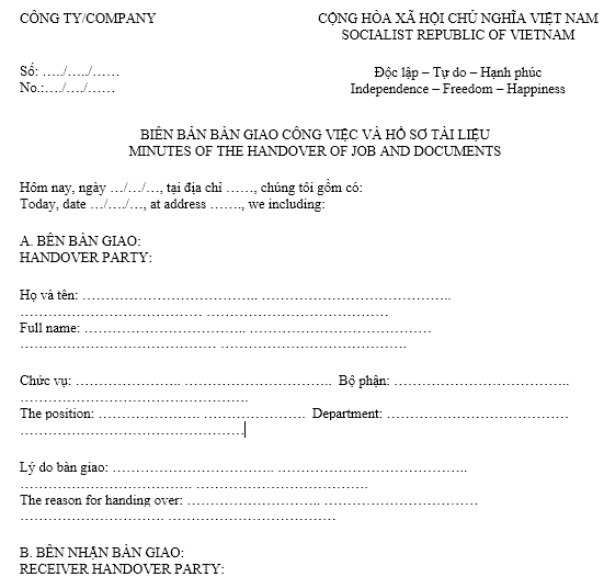Mẫu biên bản bàn giao công việc và hồ sơ tài liệu - SONG NGỮ