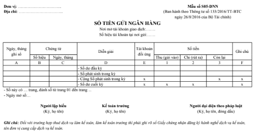 Mẫu sổ tiền gửi ngân hàng theo TT133/2016/TT-BTC ngày 26/08/2016 của Bộ Tài chính
