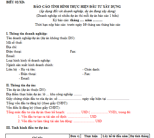 Mẫu báo cáo tình hình thực hiện đầu tư xây dựng