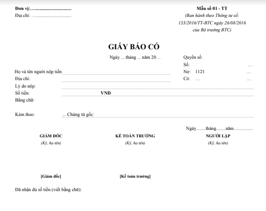 Mẫu giấy báo có theo TT133/2016/TT-BTC ngày 26/08/2016 của Bộ Tài chính