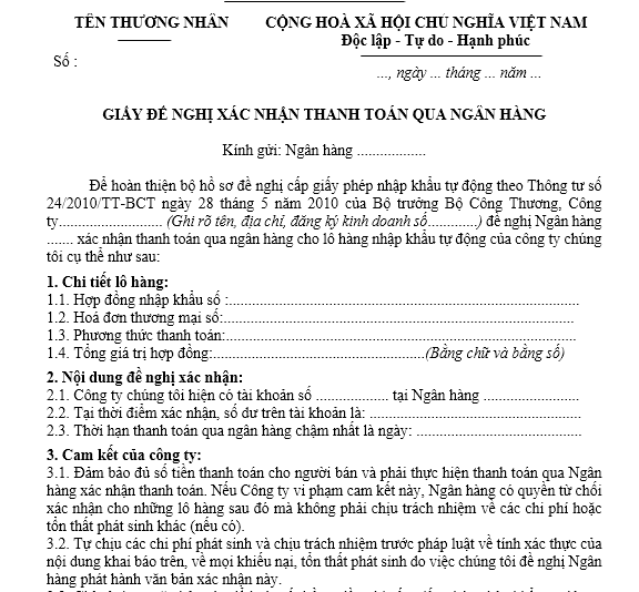Mẫu giấy đề nghị xác nhận thanh toán qua ngân hàng
