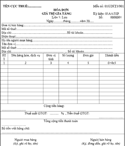 Mẫu hóa đơn giá trị gia tăng Mẫu số 01GTKT3/001 ban hành kèm theo thông tư 39/2014/TT-BTC ngày 31/3/2014 của Bộ Tài Chính.
