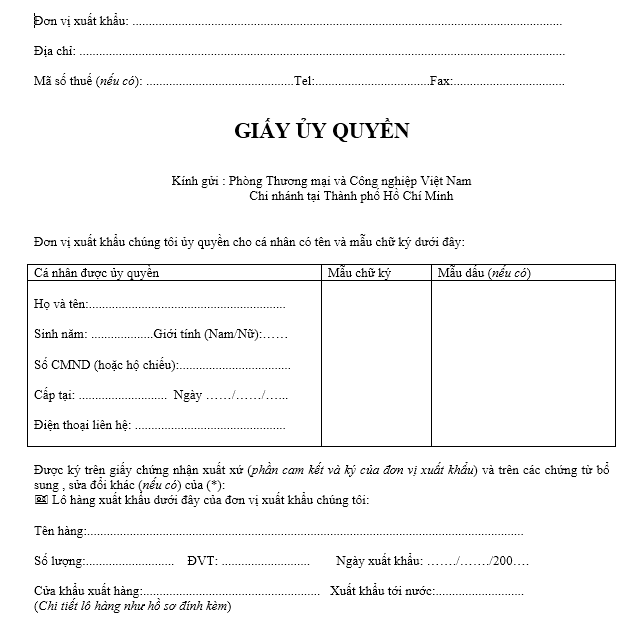 Mẫu giấy ủy quyền ký trong lĩnh vực xuất nhập khẩu