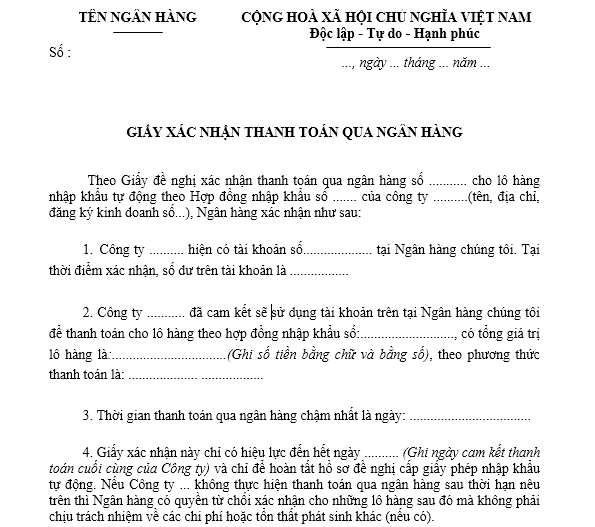 Mẫu giấy xác nhận thanh toán qua ngân hàng