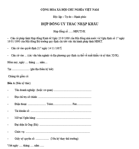 Mẫu hợp đồng ủy thác nhập khẩu