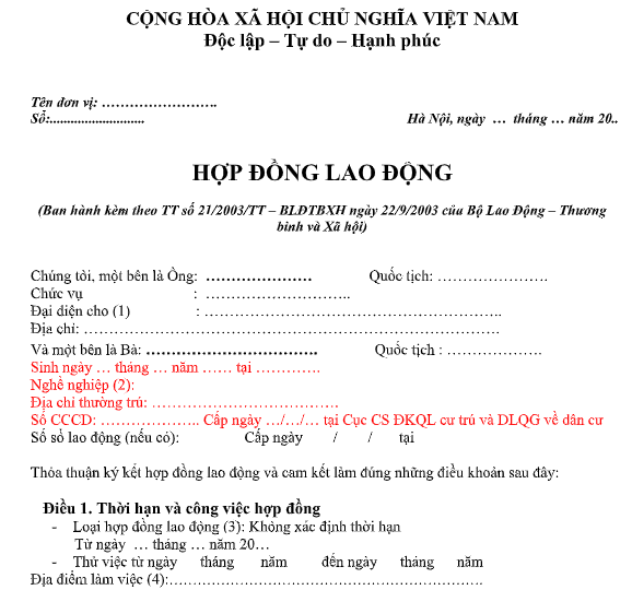 Mẫu hợp đồng lao động ( không xác định kỳ hạn) mới nhất năm 2019