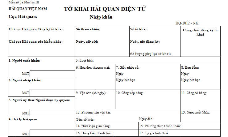 Mẫu tờ khai hải quan điện tử nhập khẩu