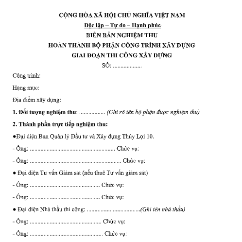 Mẫu biên bản nghiệm thu hoàn thành bộ phận công trình xây dựng