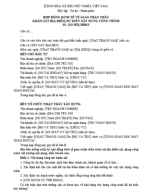 Mẫu hợp đồng kinh tế về giao nhận thầu khảo sát địa điểm dự kiến xây dựng công trình