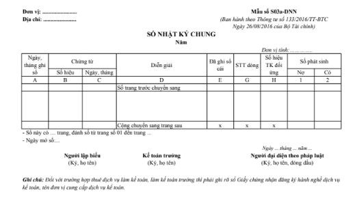 Mẫu sổ nhật ký chung theo TT133/2016/TT-BTC ngày 26/08/2016 của Bộ Tài chính
