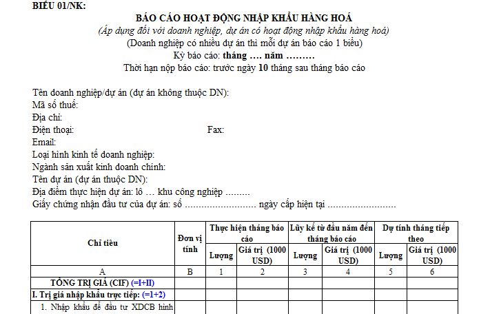 Mẫu báo cáo hoạt động nhập khẩu hàng hóa