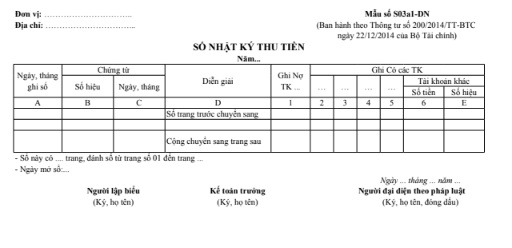 Mẫu sổ nhật ký thu tiền theo TT200/2014/TT-BTC ngày 22/12/2014 của Bộ Tài chính
