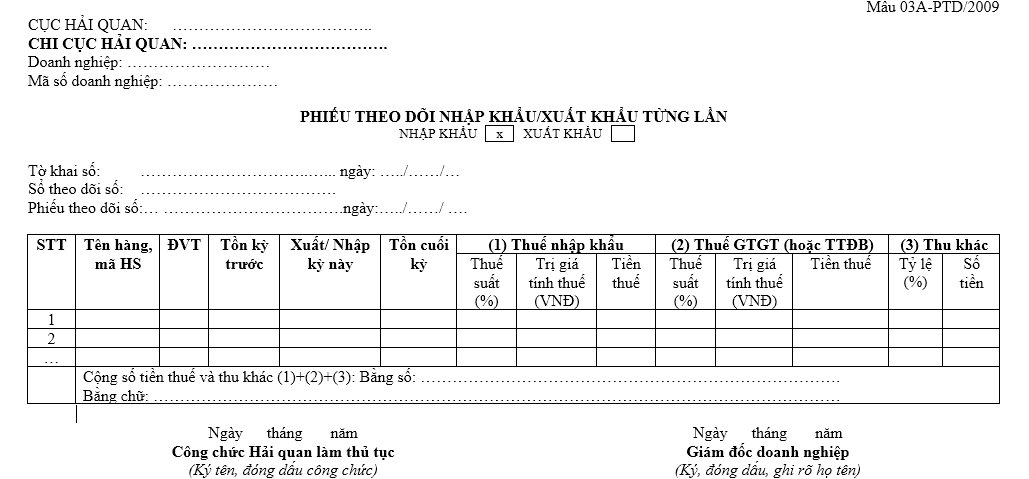 Mẫu phiếu theo dõi nhập khẩu/ xuất khẩu từng lần