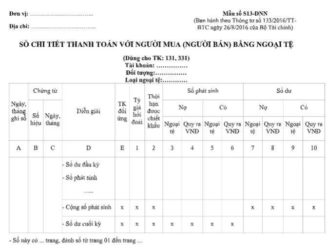 Mẫu sổ chi tiết thanh toán với người mua (người bán) bằng ngoại tệ theo TT133/2016/TT-BTC ngày 16/08/2016 của Bộ Tài chính
