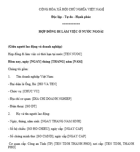 Mẫu hợp đồng đi làm việc tại nước ngoài