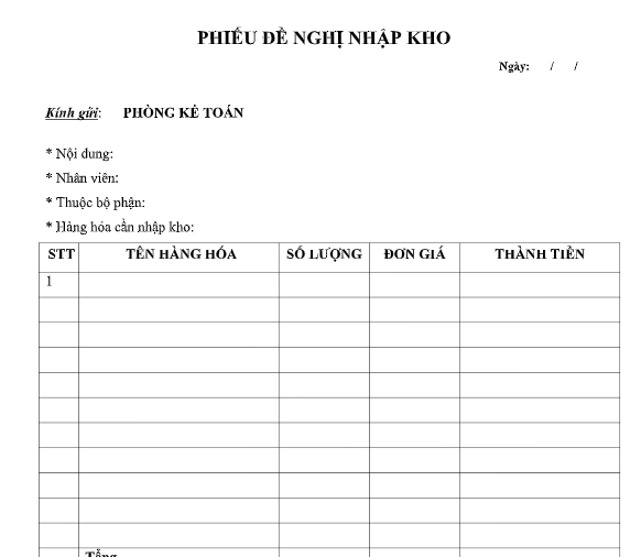 Mẫu phiếu đề nghị nhập kho