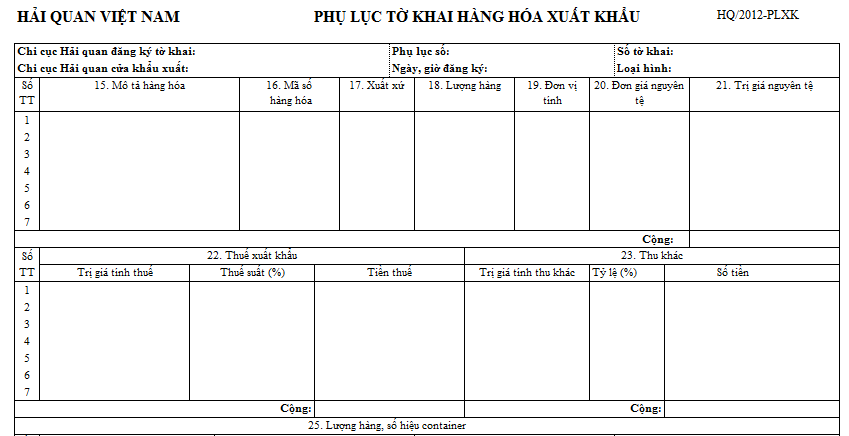 Mẫu phụ lục tờ khai hàng hóa xuất khẩu (HQ/2012-PLXK)