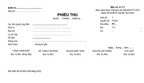 Mẫu phiếu thu (2 liên) theo theo TT200/2014/TT-BTC ngày 22/12/2014 của Bộ Tài chính