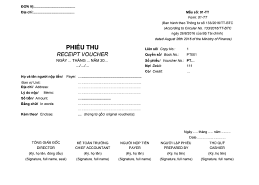 Mẫu phiếu thu (1/2A4)  SONG NGỮ theo TT133/2016/TT-BTC ngày 26/08/2016 của Bộ Tài chính