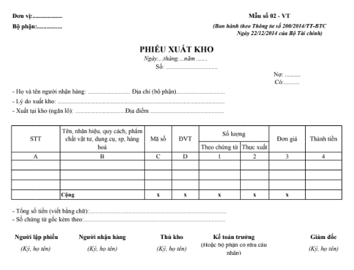 Mẫu phiếu xuất kho theo TT200/2014/TT-BTC ngày 22/12/2014 của Bộ Tài chính