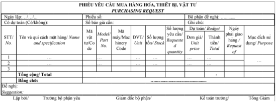 Mẫu phiếu yêu cầu mua hàng hóa, thiết bị, vật tư - PURCHASING REQUEST