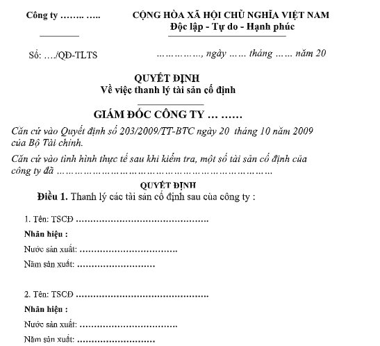 Mẫu quyết định thanh lý TSCĐ