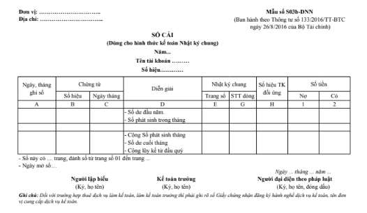 Mẫu Sổ cái (theo hình thức nhật ký chung) theo TT133/2016/TT-BTC ngày 26/08/2016 của Bộ Tài chính