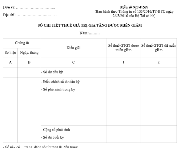 Mẫu sổ chi tiết thuế GTGT được miễn giảm theo TT 133/2016/TT-BTC ngày 26/08/2016 của Bộ Tài chính