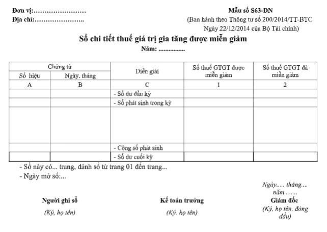 Mẫu sổ chi tiết thuế GTGT được miễn giảm theo TT200/2014/TT-BTC ngày 22/12/2014 của Bộ Tài chính