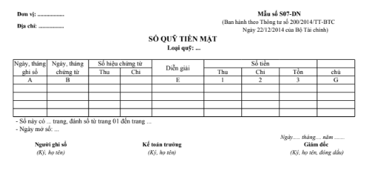 Mẫu sổ quỹ tiền mặt theo TT200/2014/TT-BTC ngày 22/12/2014 của Bộ Tài chính