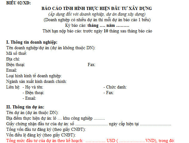 Mẫu báo cáo tình hình dự án đang xây dựng