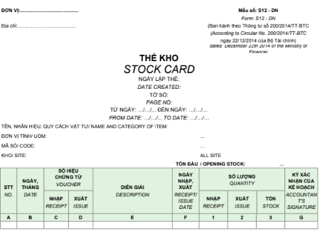 Mẫu thẻ kho (Sổ kho)-SONG NGỮ S12-DN theo TT200/2014/TT-BTC ngày 22/12/2014 của Bộ Tài chính
