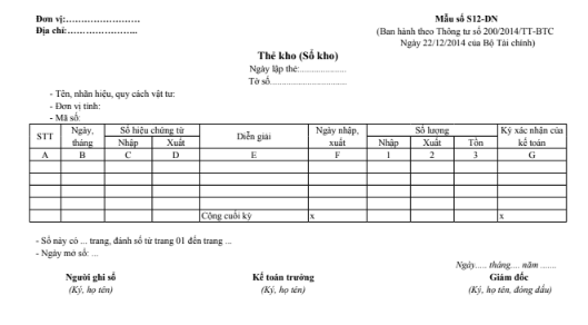 Mẫu thẻ kho (Sổ kho) S12-DN theo TT200/2014/TT-BTC ngày 22/12/2014 của Bộ Tài chính
