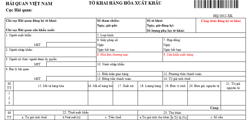 Mẫu tờ khai hàng hóa xuất khẩu
