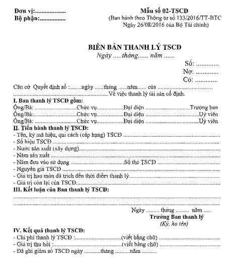 Mẫu biên bản thanh lý TSCĐ theo TT133/2016/TT-BTC ngày 26/08/2016 của Bộ Tài chính