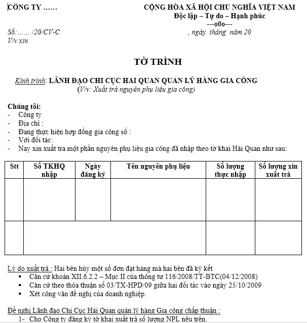Mẫu tờ trình lãnh đạo Hải Quan xuất trả nguyên phụ liệu