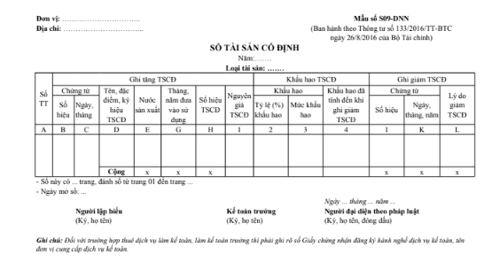 Mẫu sổ tài sản cố định theo TT133/2016/TT-BTC ngày 26/08/2016 của Bộ Tài chính