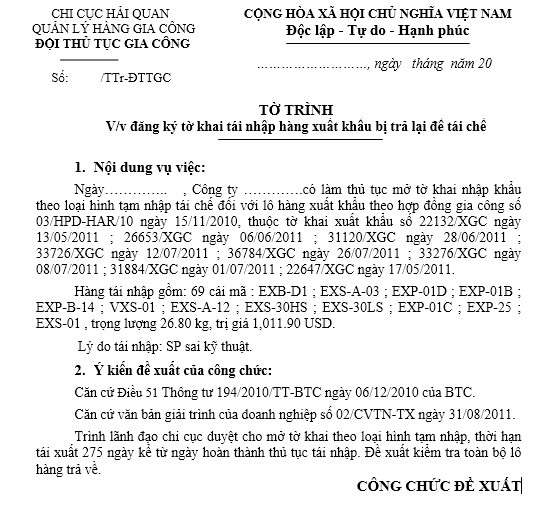 Mẫu tờ trình hàng tạm nhập tái chế