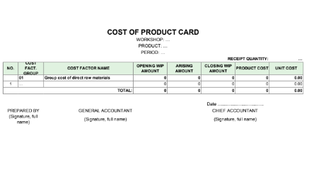 Thẻ tính giá thành sản phẩm - COST OF PRODUCT CARD