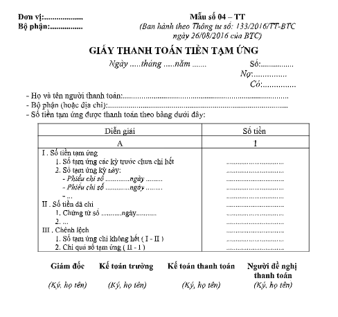 Mẫu giấy thanh toán tiền tạm ứng theo TT133/2016/TT-BTC ngày 26/08/2016 của Bộ Tài chính