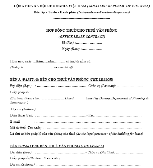 Mẫu hợp đồng thuê văn phòng - SONG NGỮ