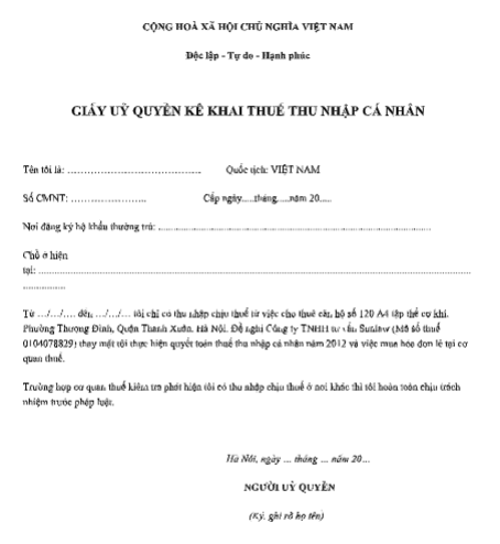 Mẫu giấy ủy quyền kê khai thuế thu nhập cá nhân