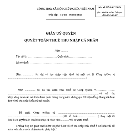 Mẫu giấy ủy quyền quyết toán thuế thu nhập cá nhân (TNCN) mới nhất năm 2019
