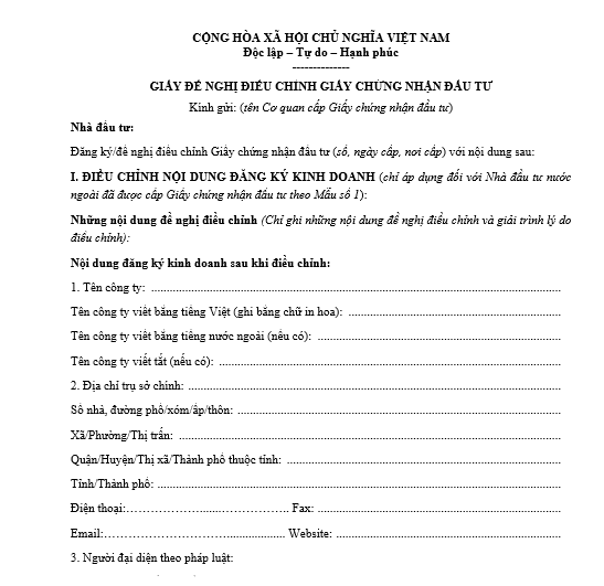 Mẫu văn bản đề nghị điều chỉnh giấy chứng nhận đầu tư