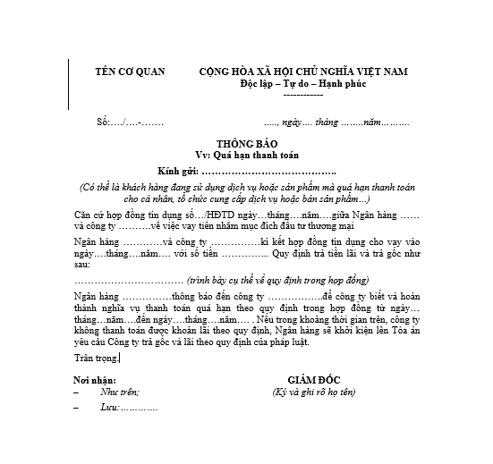 Mẫu thông báo quá hạn thanh toán