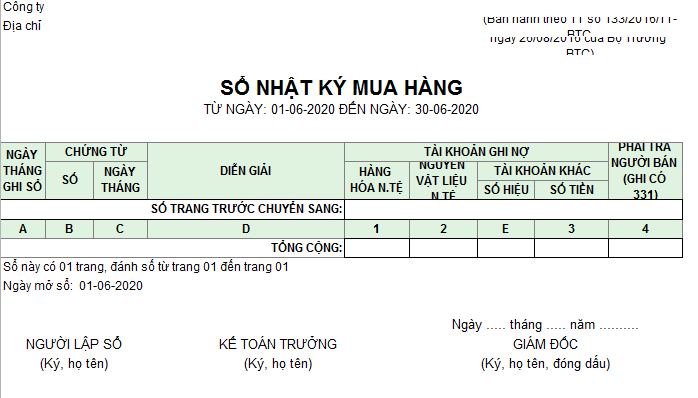 Mẫu sổ nhật ký mua hàng( Ngoại tệ) theo TT133/2016/TT-BTC