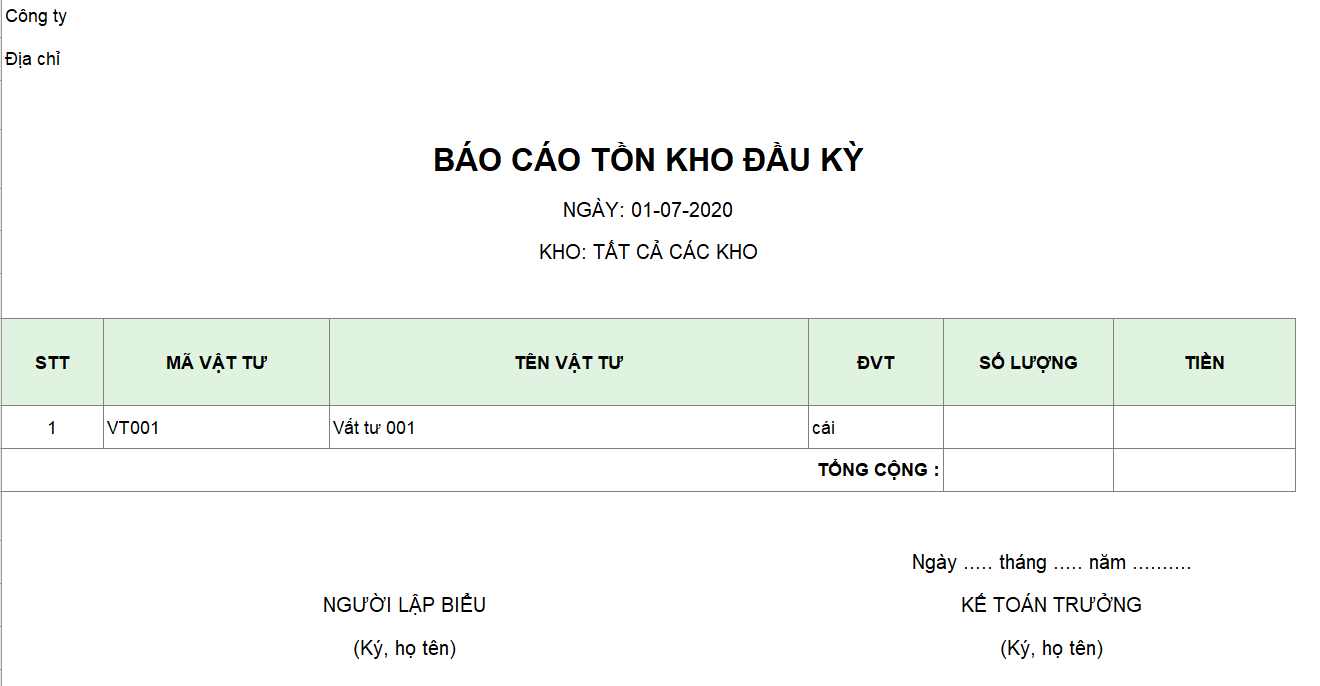 Mẫu báo cáo tồn kho đầu kỳ