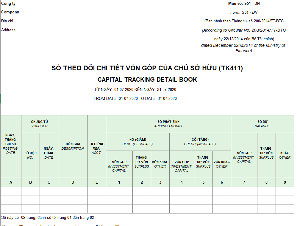 Mẫu sổ chi tiết nguồn vốn kinh doanh TT 200 ( Song ngữ)